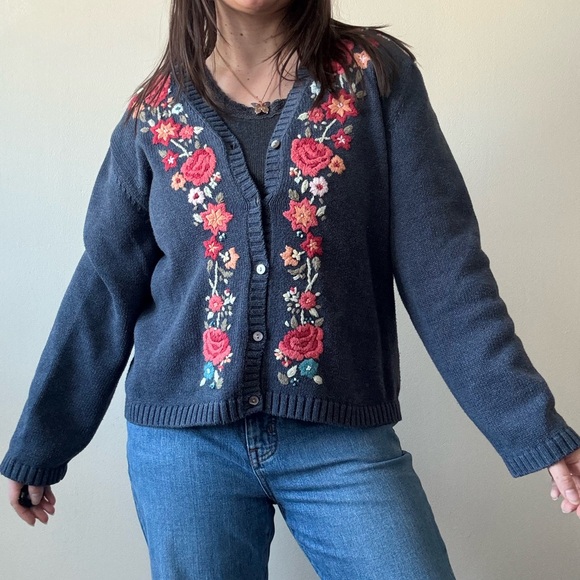 Eddie Bauer Sweaters - SOLD—Vintage Eddie Bauer Navy Floral Cardigan